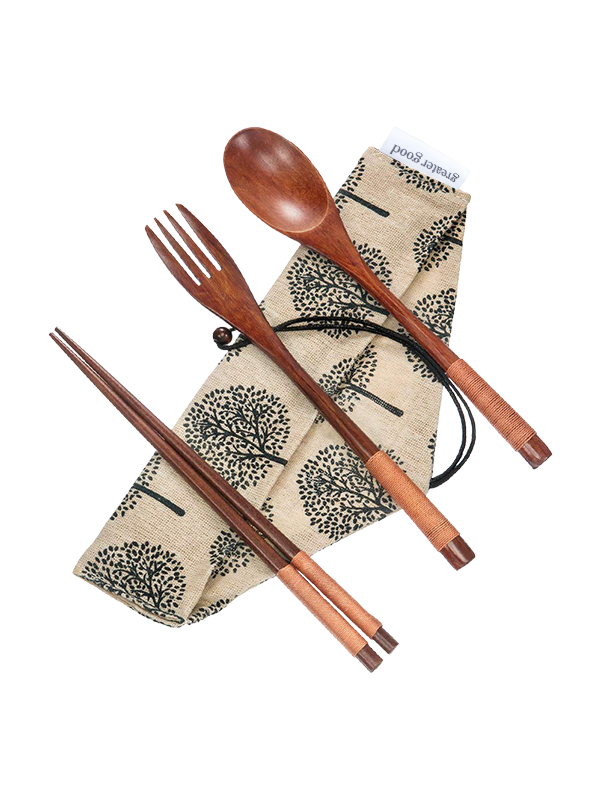 Picture of Reusable Wooden Cutlery Set with Beige Pouch