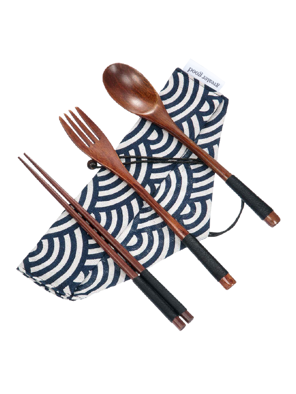 Picture of Reusable Wooden Cutlery Set with Navy Pouch