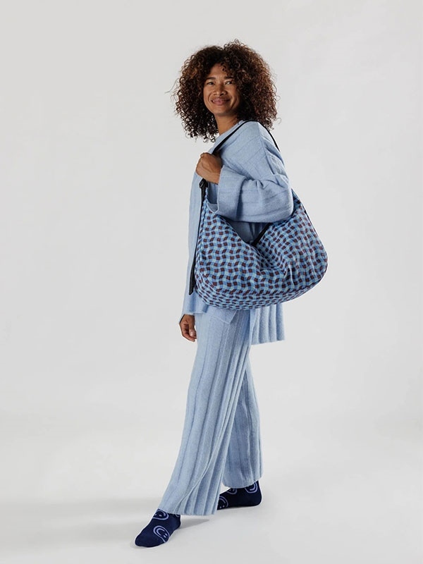 Picture of Large Nylon Crescent Bag ini Wavy Gingham Blue 