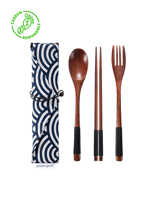 Picture of Reusable Wooden Cutlery Set with Navy Pouch